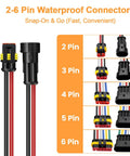 2 Pin Waterproof Connectors 14AWG Kit With Male And Female Quick Disconnects, showing 2 to 6 pin varieties for wiring applications
