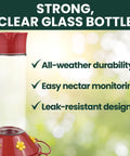 Glass Hummingbird Feeder For Outdoors Hanging, 30 Oz Nectar Capacity, Ant And Bee Guarded Red Bird Feeder, Easy Fill Wide Mouth Bottle