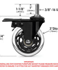 Three Eighths Inch 16 UNC Threaded Stem Rubber Caster Wheels With Brakes And Locks, side view with dimensions shown.