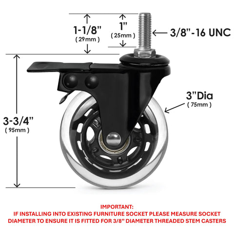 Three Eighths Inch 16 UNC Threaded Stem Rubber Caster Wheels With Brakes And Locks, side view with dimensions shown.