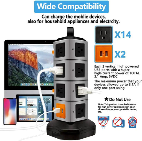 14 Outlet Surge Protector Charging Station With 4 USB Ports, Heavy Duty Power Strip Tower charging devices on desk