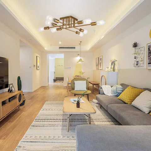 Dope Modern 8 Light Semi Flush Mount Brushed Brass Sputnik Ceiling Light Industrial Mid Century Fixture in living room