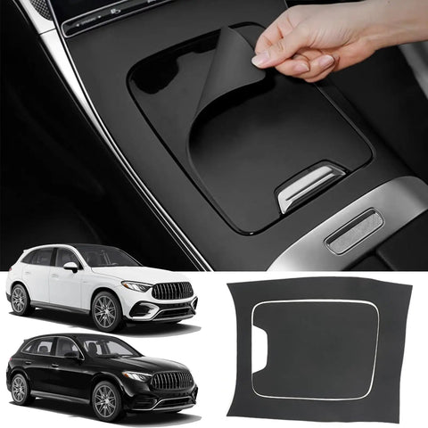 Person installing Mercedes Benz Center Console Wrap Kit 1 To 1 Fit Gear Shift Panel Protector for GLC X254 interior upgrade.