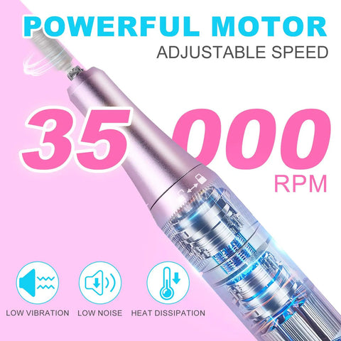 Top Shelf Pro Grade Nail Drill Electric File For Acrylic Gel Polish Killer 35000Rpm showing the powerful motor and adjustable speed feature.