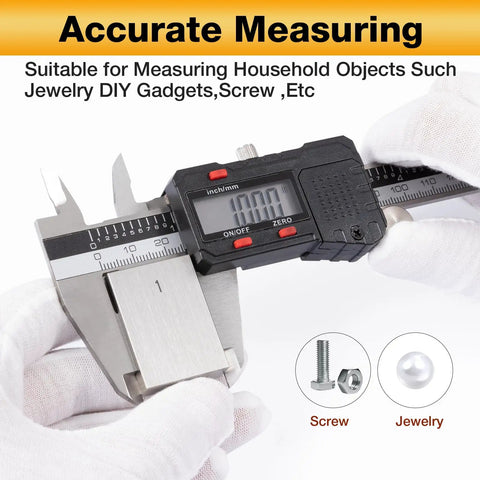 6 Inch Stainless Steel Digital Caliper With Large LCD Display Effortless Inch And Metric Conversion Vernier Micrometer Precision Gauge For Machinists Woodworking And DIY Pros held by hands measuring