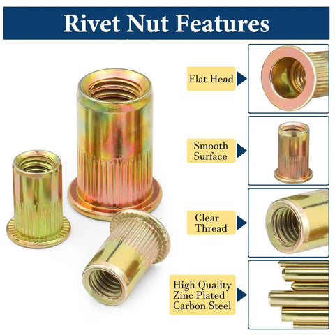 Rivet Nut Kit 240 Pcs Dope Six Size Set With 6-32 8-32 10-24 1/4-20 5/16-18 3/8-16 UNC Zinc Plated Carbon Steel Nutserts