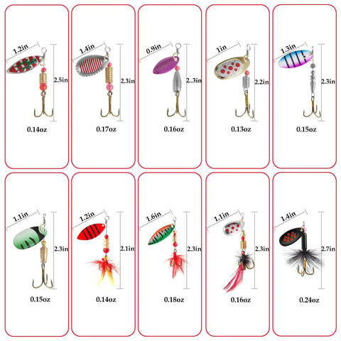 10 Piece Spinner Bait Set With Tackle Box, Rooster Tail Style Lures With Flash Spoons For Freshwater And Saltwater Fishing