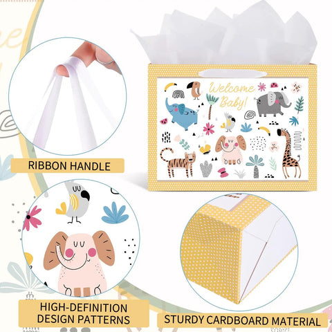 14.5 Inch Unisex Baby Gift Bag Set With Tissue Paper And Greeting Card For Baby Shower And Birthday Parties Cute Animal Design