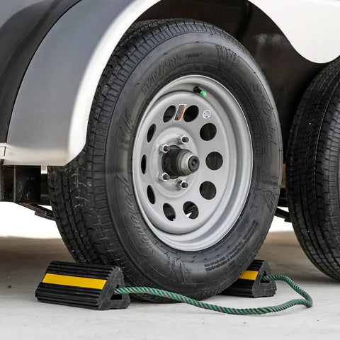 Heavy Duty Rubber Wheel Chock Set 4x4x8 With 36 Inch Nylon Rope Built Tough For Trucks Utility Vehicles And Ground Support Equipment