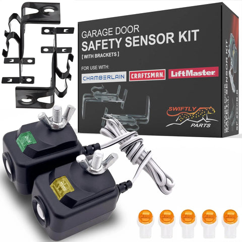 Universal Garage Door Safety Sensor Kit With Brackets, Drop-In Replacement For Most Openers After 1997, product box and sensors