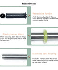 Diagram showing a retractable handle, plastic barrier block, and stainless steel housing of the Stainless Steel 14.4 Inch Neodymium Pickup Tool With Quick Release Handle For Grabbing Screws Nails Metal Shavings And Debris In Workshop Garage Or Machine Shop