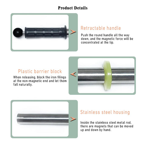 Diagram showing a retractable handle, plastic barrier block, and stainless steel housing of the Stainless Steel 14.4 Inch Neodymium Pickup Tool With Quick Release Handle For Grabbing Screws Nails Metal Shavings And Debris In Workshop Garage Or Machine Shop