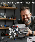 Person with Dope V8 Engine Building Blocks Set With Battery Box And Motor kit on table, 535 pieces, turbo pistons visible.