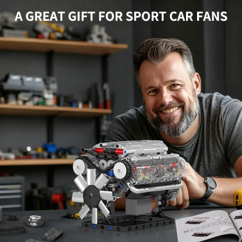 Person with Dope V8 Engine Building Blocks Set With Battery Box And Motor kit on table, 535 pieces, turbo pistons visible.