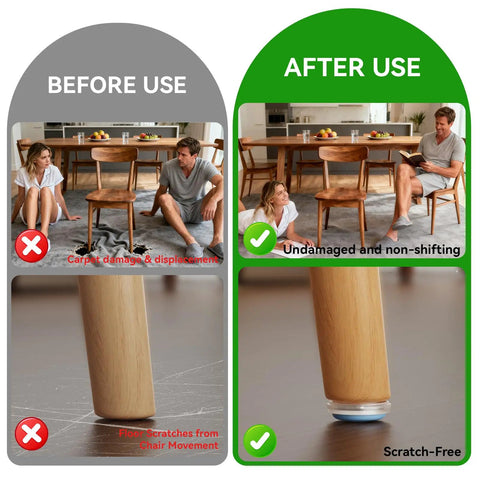 Comparison of wooden chair legs before and after using Chair Leg Floor Protectors For Wooden Chairs, Nail On Sliders That Stay Put, 16 Pack.