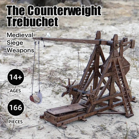 Mini Counterweight Trebuchet Model Kit for Adults, 3D Wooden Puzzle Siege Engine, DIY STEM Project, Tabletop Toy, Alder Veneer Plywood Build, Ages 14 Plus, Totally Fun Historical Replica, 166-piece wooden trebuchet on sandy ground