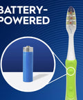 Next Level Battery Powered Electric Toothbrush With Durable Medium Bristles eliminates plaque with blue battery and green handle.