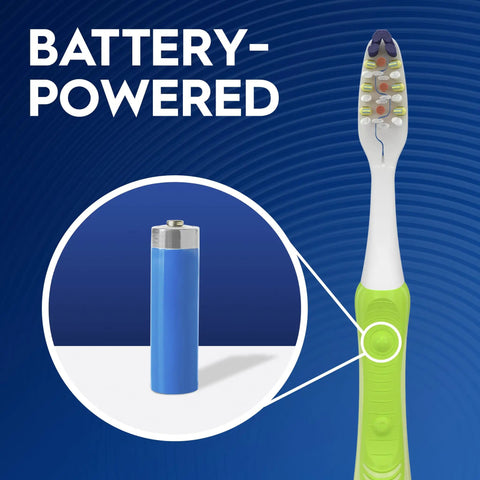 Next Level Battery Powered Electric Toothbrush With Durable Medium Bristles eliminates plaque with blue battery and green handle.