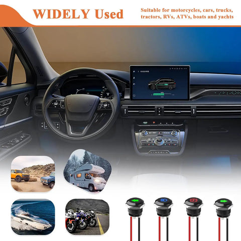 4 Pack Waterproof LED Indicator Lights 12V 24V with 12mm Mounting Holes shown in vehicle dashboard setup with product images