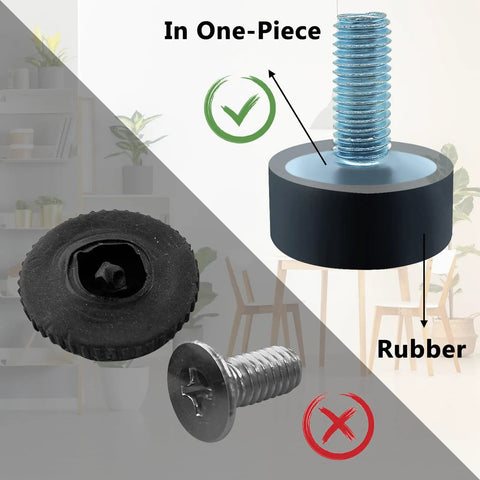 Eight Pack M8 Adjustable Rubber Furniture Levelers showing one-piece design and rubber base with screw comparison