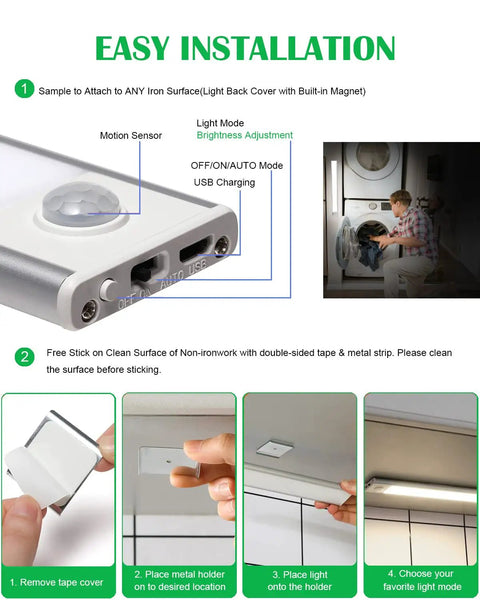 Easy installation of 98 LED Under Cabinet Lights With 1500mAh Rechargeable Battery Motion Sensor Dimmable Night Lights