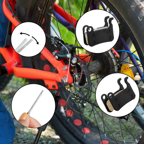 Resin Bicycle Disc Brake Pads Set 4 Pairs For Smooth Quiet Braking Easy Replacement Low Initial Bite Reduced Noise On Road Rides Compatible With Shimano Deore XT XTR LX SLX Alfine Saint, showing installation on a bicycle wheel with close-ups.