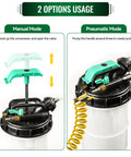 9.5 L Oil Extractor Pump All In One Kit For Cars And Boats showing manual and pneumatic modes with main hose attachments