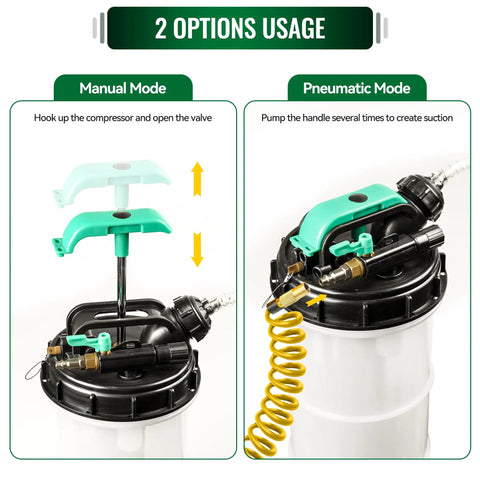 9.5 L Oil Extractor Pump All In One Kit For Cars And Boats showing manual and pneumatic modes with main hose attachments