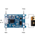 40 Pack 5V Micro USB Lithium Battery Charging Module With BMS Protection Board Over Discharge Guard For DIY Electronics top view image of charging module with input and output connections.