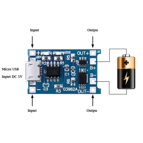 40 Pack 5V Micro USB Lithium Battery Charging Module With BMS Protection Board Over Discharge Guard For DIY Electronics top view image of charging module with input and output connections.