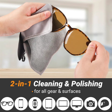 Two-sided gray microfiber glasses cleaning cloth used to wipe tortoise-brown sunglasses (front view)