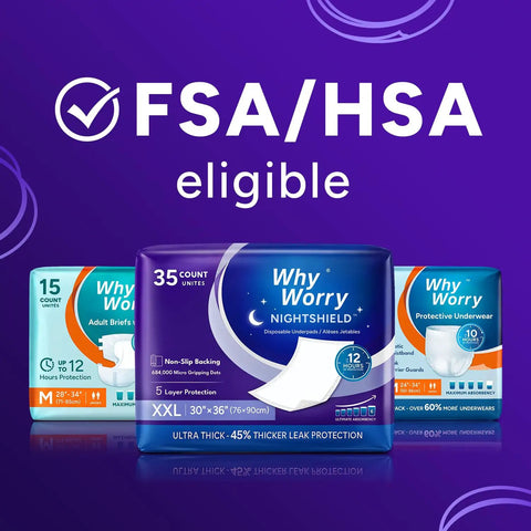 Heavy Duty Overnight Incontinence Bed Pads For Adults, Super Absorbent Leakproof Pee Protection With Lock Down Grip Backing, Next Level Dry Shield For Your Mattress 30 X 36 Inches, 70 Count Pack on display with FSA/HSA eligibility.