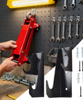 Heavy Duty Wall Mount Jack Stand Organizer For Garage And Shop Pro Grade Steel Storage Bracket Keeps Hydraulic Jacks Off The Floor Space Saving Wall Holder For Automotive Repair And Home Garage Shed Workshop Tools mounted on pegboard with tools