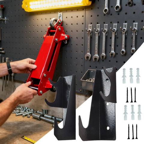 Heavy Duty Wall Mount Jack Stand Organizer For Garage And Shop Pro Grade Steel Storage Bracket Keeps Hydraulic Jacks Off The Floor Space Saving Wall Holder For Automotive Repair And Home Garage Shed Workshop Tools mounted on pegboard with tools