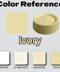 Color reference for ivory finish with sample and comparison to white, light almond, and almond shades.