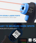 Laser Temp Gun Pyrometer With 16 To 1 Distance To Spot, Ultra Fast 0.25 Second Readout, -58 To 2480 F Range, Industrial Infrared Thermometer For Furnace And Smelting, Laser Aiming, Not For Human Temperature showing dual lasers and backlit display