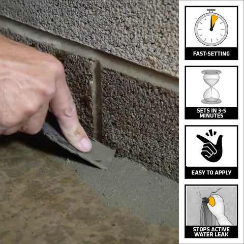 Applying Fast Plug Hydraulic Cement For Masonry Cracks And Leaks, Stops Leaks Instantly, 4 Lb Powder Mix That Sets In 3 To 5 Minutes