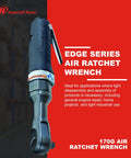 Three Eighths Inch Air Ratchet Wrench With 55 Foot Pounds Of Torque And 170 RPM Heat Treated Ratchet Head For Longer Life Ergonomic Grip For Comfort On Engine Repairs And Auto Maintenance Heavy Duty Automotive Tool image showing the wrench with branding on a red background