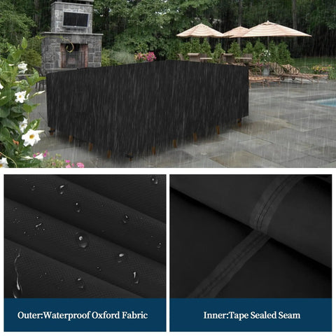 All Weather Rectangle Patio Furniture Cover for Outdoor Dining Tables and Chairs, waterproof, UV resistant, black, heavy duty protection