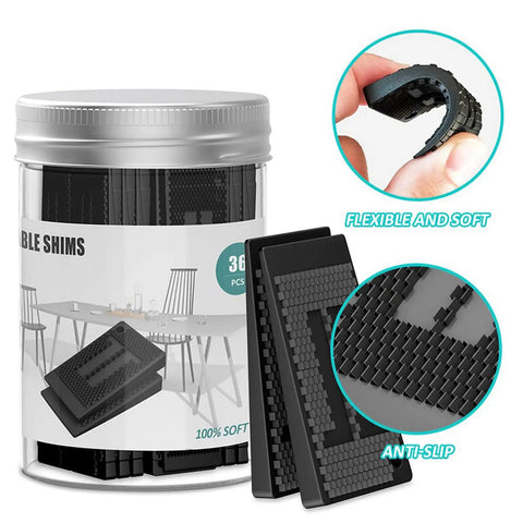 Adjustable Plastic Shims And Table Wedges For Furniture Leveling pack of 36, flexible soft pads in a clear container, designed for non-slip support.