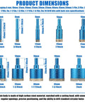 10 Pcs Diamond Hole Saw Kit With Vacuum Brazed Tile Drill Bits For Porcelain And Granite Cutting Dry Or Wet Sizes 1/4 To 2 Inch For Hand Drills And Bench Drills Super Durable Set. size chart of 6mm to 50mm high carbon steel core bits