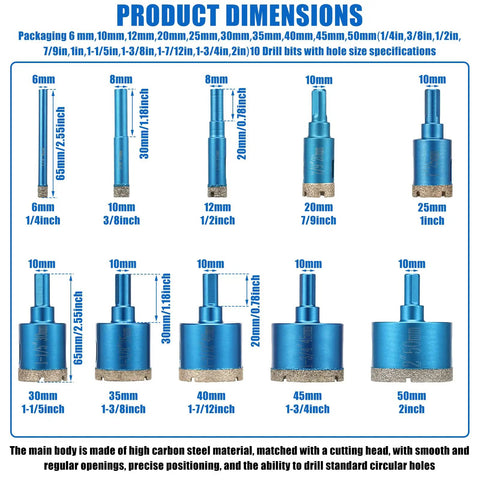 10 Pcs Diamond Hole Saw Kit With Vacuum Brazed Tile Drill Bits For Porcelain And Granite Cutting Dry Or Wet Sizes 1/4 To 2 Inch For Hand Drills And Bench Drills Super Durable Set. size chart of 6mm to 50mm high carbon steel core bits