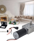 Beefy 12V DC Worm Gear Motor With 8mm Output Shaft High Torque Turbo Geared Motor and parts, set against living room decor