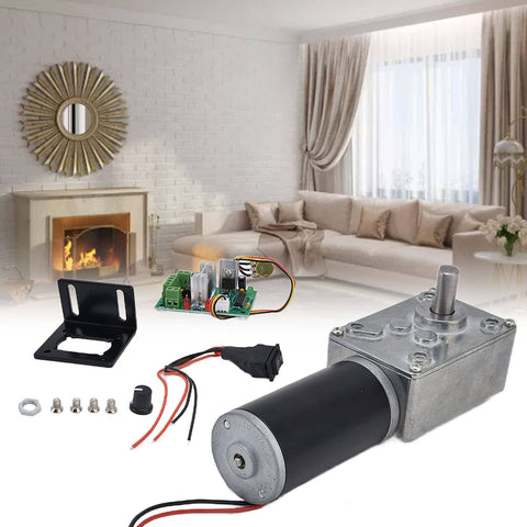 Beefy 12V DC Worm Gear Motor With 8mm Output Shaft High Torque Turbo Geared Motor and parts, set against living room decor