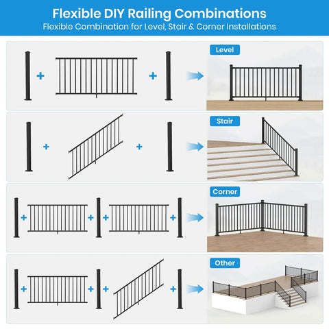 Flexible DIY Railing Combinations for Level, Stair, and Corner Installations of No Sweat Diy Black Aluminum Deck Railing Kit.