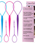 Six Piece Topsy Tail and Hair Loop Styling Tool Set for Ponytail Makers, French Braid Loops, and Pull Through Tools for Durable, Reboundable Hair Accessories in Pink, Blue, Purple for Women and Girls, 3 plastic tools