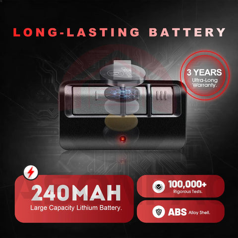 Universal Garage Door Opener Remote That Plays Nice With LiftMaster Sears Craftsman, showing 240mAh battery and ABS alloy shell.
