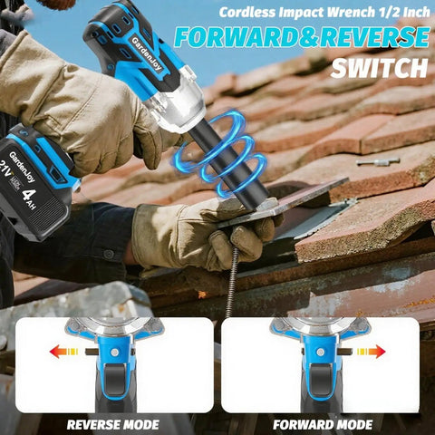 Beefy 1/2 Inch Cordless Impact Wrench With 450 Ft Lbs Torque, Brushless Motor in action on a metal sheet with reverse switch