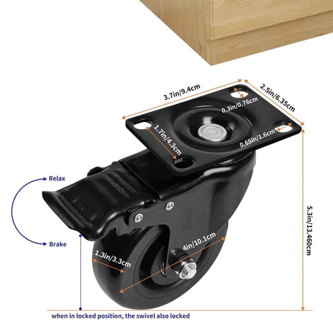 4 Inch Swivel Caster Wheels With Safety Dual Locking Brakes Heavy Duty 1800 Lbs Capacity, close-up of black non-marking polyurethane caster.