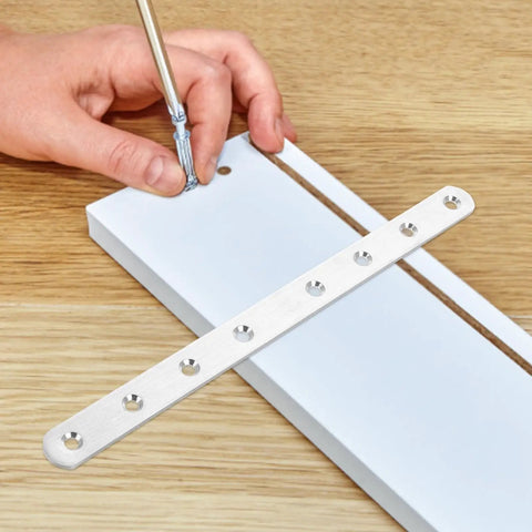 Straight Flat Brackets Set Of Four Stainless Steel Joining Plates for DIY home decor and furniture, visible with installation process